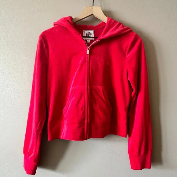 Junior's S Juicy By Juicy Velvet Velour Couture Red Zip Up Crown Logo Soft - Picture 2 of 7